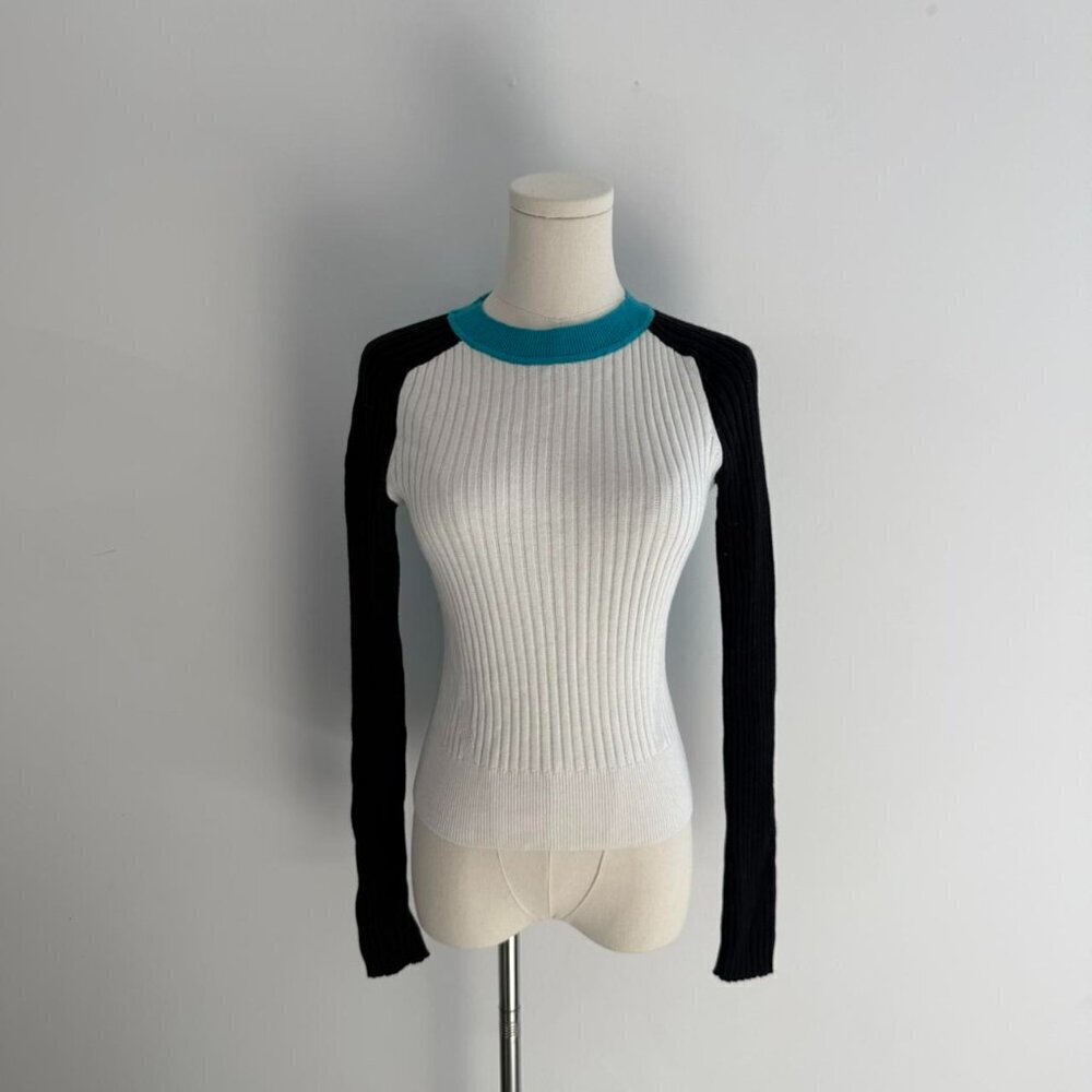 Rag & Bone Colorblock Ribbed Knit Sweater | Black/White/Teal | Women’s Size XS